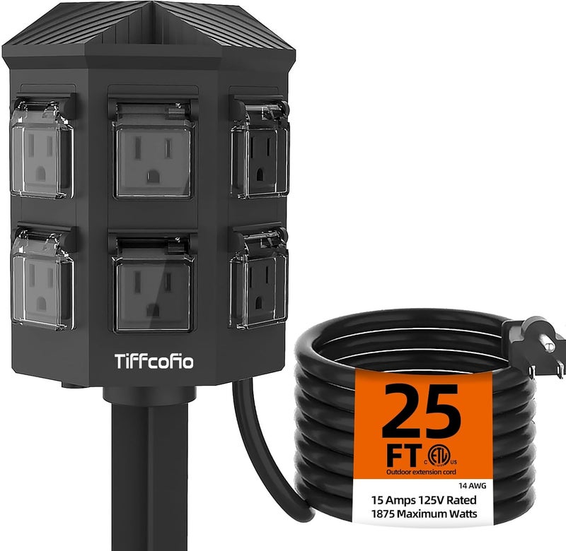 Tiffcofio Outdoor Power Strip Weatherproof, 25 FT Extension Cord with Stake, 6 Grounded Outlets for Christmas Yard Decorations and Inflatables, 15A/1875W, ETL Listed - Image 1